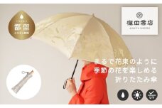 【槙田商店】晴雨兼用折りたたみ傘　絵おり　百合　ベージュ 日傘 UV プレゼント 化粧箱 ギフト 老舗
