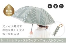 【槙田商店】晴雨兼用折りたたみ傘　kirie ドットとストライプ　フォレストグリーン 傘 かさ 雨具 高級 晴雨 兼用 UV 日焼け ギフト ファッション  日傘 プレゼント 化粧箱 老舗