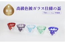 高級色被ガラス仕様の盃【デザイン＝甲州葡萄】青、赤、グレー、緑、水色の5色セット