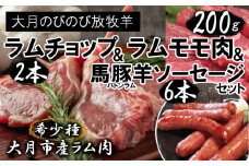ラムチョップ2本(約200ｇ)・ラムモモ肉2個(200ｇ以上)・バトンラム(馬豚羊)ソーセージ2袋(6本)セット
