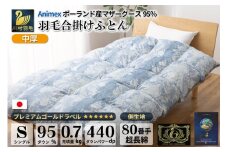 【春秋用】 高級 軽量 羽毛布団 シングル 合掛け 中厚 羽毛  布団 Animex ポーランド産 マザーグースダウン 95％ 0.7kg 440dp 掛け布団 春用 秋用 ( アリーチェ 青 柄 ) ダウンケット 合掛け布団 ダウンかけ布団 日本製 6つ星 プレミアムゴールドラベル 抗菌防臭 [川村羽毛 山梨県 韮崎市 20743615]