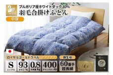 【春秋用】羽毛布団 シングル 合掛け 中厚 軽い 羽毛 布団 ブルガリア産 ホワイトダックダウン 93％ 0.8kg 400dp 60番手サテン (レオーネ 青 柄 ) 掛け布団 春用 秋用 ダウンケット 合掛け布団 ダウンかけ布団 ふとん 日本製 5つ星 ロイヤルゴールドラベル 抗菌防臭 [川村羽毛 山梨県 韮崎市 20741797]