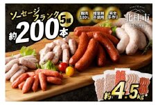 ウインナー・ソーセージ業務用詰合せセット　総重量約4.5kg  ウィンナー ソーセージ 詰め合わせ 4.5kg 5種類 シポラタ チョリソー 野沢菜 バーベキュー キャンプ パーティー セット 手作り 食べ比べ  オールポーク 豚肉100％ 天然腸 山梨県 北杜市 白州
