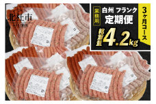 【定期便】白州フランク業務用詰め合わせ定期便　総重量 4.2kg 　3か月連続　冷凍保存可 【3ヶ月定期便】 ウィンナー ソーセージ 詰め合わせ 総重量4.2kg 4種類 業務用 シポラタウインナー チョリソー 粗挽き バーベキュー キャンプ パーティー セット 手作り 食べ比べ オールポーク 豚肉100％ 天然腸 冷凍保存可 山梨県 北杜市 白州