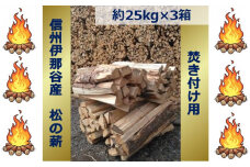 【024-14】信州伊那谷産　松の薪　（焚き付け用）1箱　4束入り　２５ｋｇ相当×３箱