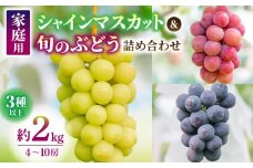 【果樹園清兵衛】ご家庭用シャインマスカットと旬のブドウの詰め合わせ2kg（4〜10房）｜種なし巨峰、シナノスマイル、クイーンニーナなど※2025年9月中旬から10月下旬順次発送