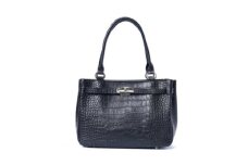 ＜濱野皮革工藝＞シューカペラハンドバッグクロコ(ブラック×シルバー)【1544645】