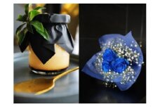 048-015 お花屋さんの下諏訪町プリン8個＆青いバラ5本とかすみ草の花束