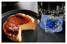 048-014 お花屋さんの下諏訪バスクチーズケーキ＆青いバラ5本とかすみ草の花束