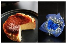 048-010 お花屋さんの下諏訪バスクチーズケーキ＆青いバラ3本とかすみ草の花束