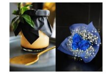 048-007 お花屋さんの下諏訪町プリン4個＆青いバラ3本とかすみ草の花束