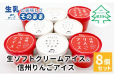 絞りたて生乳を使用した！ミルクが濃い★生ソフトクリームアイス＆信州りんごアイス 8個入り 5000円　アイスクリーム　アイス　ソフトクリーム　りんご　信州りんご