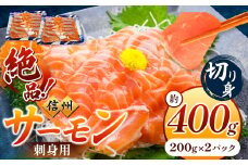 超希少 国産 信州 サーモン 切り身 刺身用 約200g × 2 パック 計約400g | 魚 刺身 サーモン 信州サーモン 切り身 刺身 鮭 シャケ 海鮮 新鮮 鮮魚 お祝い 贅沢 豪華 高評価 長野県産 長野県 南信州 天龍村
