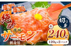 超希少 国産 信州 サーモン 切り身 刺身用 約120g × 2 パック 計約240g | 魚 刺身 サーモン 信州サーモン 切り身 刺身 鮭 シャケ 海鮮 新鮮 鮮魚 お祝い 贅沢 豪華 高評価 長野県産 長野県 南信州 天龍村