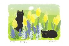 伊藤陽版画「白い雲と」 ｜ 版画 アート 雑貨 絵 インテリア 絵画 猫 ネコ ねこ 黒猫 黒ねこ 猫の絵 長野県 松川村