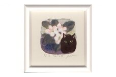 伊藤陽版画 「 りんごの花  」｜ 版画 アート 雑貨 絵 インテリア 絵画 猫 ネコ ねこ 黒猫 黒ねこ 猫の絵 長野県 松川村