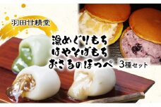 志賀高原銘菓はやそばもち（12個入）、北信濃湯めぐりもち（抹茶あん・なめ茸・ごまだれ各6個入）、おさるのほっぺ（ブルーベリー・アップル各5個）のセット