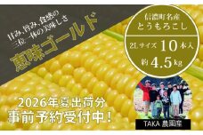 2026年夏の早期予約受付開始！TAKA農園『恵味（めぐみ）ゴールド』２Lサイズ（1本450ｇ相当）×10本セット｜生でも食べられる信濃町名産とうもろこし／スイートコーンの人気品種 令和8年7月下旬～8月下旬に出荷予定 【長野県信濃町ふるさと納税】