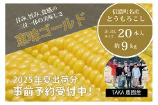TAKA農園『恵味（めぐみ）ゴールド』2Lサイズ（1本450ｇ相当）×20本セット、約9kg【2025年夏出荷分 先行予約受付開始！】信濃町名産とうもろこし／スイートコーンの人気品種、予約受付中！ 令和7年7月下旬～8月下旬に随時出荷予定【長野県信濃町ふるさと納税】