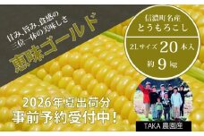 2026年夏の早期予約受付開始！TAKA農園『恵味（めぐみ）ゴールド』2Lサイズ（1本450ｇ相当）×20本セット、約9kg｜生でも食べられる信濃町名産とうもろこし／スイートコーンの人気品種 令和8年7月下旬～8月下旬に出荷予定 【長野県信濃町ふるさと納税】