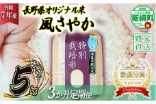 米 風さやか 5kg × 3回 【 3か月 定期便 】( 令和7年産 ) 特別栽培米 仲俣農園 2025年11月上旬頃から順次発送予定 オリジナル米 風 さやか 白米 精米 お米 お弁当 おにぎり 信州 69000円 予約 農家直送 長野県 飯綱町 [0677]