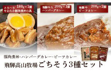【セット】飛騨牛入ハンバーグカレー1個・飛騨牛ビーフカレー2個・とろーりやわらか豚角煮丼の具1個