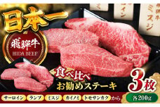 【飛騨牛】食べ比べお勧めステーキ　サーロイン・ランプ・ミスジ・カイノミ・トモサンカク等の中から３枚(計600g) 和牛 焼肉  おすすめ 岐阜市/丸福商店 [ANBO025]