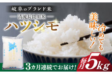 【3回定期便】【11月発送】【R7年産】岐阜 ハツシモ 5kg 名水 100選に選ばれた 長良川 中流の水で育った 「清流長良川米」 すし飯 冷めても美味しい 米 岐阜市 / 森ライス [ANCU005]
