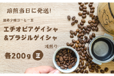 焙煎当日に発送！超希少種コーヒー豆 エチオピアゲイシャ&ブラジルゲイシャ 浅煎り 200g×2袋  豆