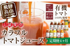 【定期便】飛騨高山で採れた有機栽培トマトを使って作ったトマトジュース（定期便）３０本×４回 毎月お届け 4ヶ月 無添加 砂糖・塩・保存料不使用 種類おまかせ 品種色々 熨斗 のし  JC100