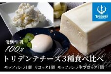 飛騨生乳100％ トリデンテチーズ3種食べ比べ（モッツァレラ1個 リコッタ1個 モッツァレラ生ブロック1個）| モッツァレラリコッタ 冷蔵 サラダ お菓子 前菜 サラダ 新鮮 生乳 国産 低温殺菌 乳製品 無添加 飛騨高山 チーズ工房トリデンテ LF008