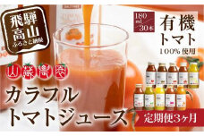 【定期便】飛騨高山で採れた有機栽培トマトを使って作ったトマトジュース（定期便）30本×3回 毎月お届け 3ヶ月 無添加 砂糖・塩・保存料不使用 種類おまかせ 品種色々 熨斗 のし JC102