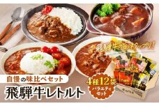 訳あり 飛騨牛レトルト４種１２袋！ バラエティセット 飛騨牛 肉 牛 カレー ビーフカレー トマトカレー ビーフシチュー デミハヤシ レトルト 12袋 簡易包装 レトルトカレー ご当地カレー おいしい 便利 飛騨高山 ふるさと清見21 DC002VC13