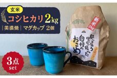 【令和7年産】 玄米 コシヒカリ 特別栽培米 （2kg） + 【美濃焼】 青輝貫入 マグカップ （2個） 多治見市 / 山松加藤松治郎商店 [TEU026]
