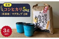 【令和7年産】 玄米 コシヒカリ 特別栽培米 （5kg） + 【美濃焼】 青輝貫入 マグカップ （2個） 多治見市 / 山松加藤松治郎商店 [TEU028]