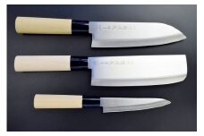 ステンレス製和包丁3点セット (三徳・薄刃・ペティ)　関鍔蔵作　白木柄