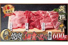 飛騨牛　焼肉厳選3種食べ比べセット(カルビ・トモサンカク・モモ)　約600g【1531174】