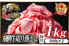 ＜毎月定期便＞飛騨牛　切り落とし　約1kg＜冷蔵便＞全3回【4055086】