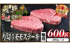 ＜毎月定期便＞飛騨牛 厚切りモモステーキ定期便 600g＜冷蔵便＞A4～A5等級 黒毛和牛 全6回【4056987】