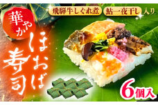 華やか姫街道の朴葉寿司（飛騨牛しぐれ煮と鮎入り） 6個入り / すし スシ 寿し 寿司 朴葉寿司 飛騨牛 鮎 伝統 郷土料理 岐阜 葉包み 寿司 酢飯 具材 山菜 保存 食文化 地域 特産品 手作り 夏祭り 家庭料理 和食 歴史 送料無料 お取り寄せ ギフト 贈答 プレゼント / 恵那市 / 中山道大井宿 寿司幸 [AUBQ001]