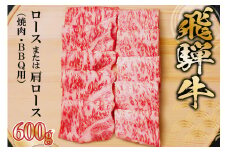 飛騨牛 ロースまたは肩ロース 600g (焼肉・BBQ用)【 岐阜県 可児市 肉 牛肉 和牛 ブランド牛 国産 霜降り 柔らか 旨み 冷凍 バーベキュー アウトドア ギフト 贈答 養老ミート 焼肉 BBQ 】
