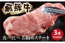 飛騨牛食べ比べお勧めステーキ 3枚 計600g　部位お任せ　牛肉 和牛 ステーキ 食べ比べ 贈り物 ギフト 飛騨市