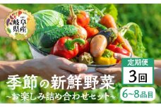 季節の野菜セットA 6～8品目 お届け回数  3回  お届け 定期便 3か月 品目おまかせ BBQ 春 夏 秋 冬 野菜 料理 自宅用 岐阜県産 本巣市 新鮮 やさい 数量限定 冷蔵 道の駅 織部の里 [mt1615]