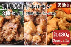 飛騨産和牛ホルモン 3種セット（味噌・塩・ミックスホルモン）各2袋  計6袋（袋入り）【冷凍】味付け 味付き 焼くだけ 飛騨 天狗 下呂市 おすすめ 牛肉 牛ホルモン 納豆喰豚  天狗 無薬鶏  なっとく豚 豚肉 無薬鳥
