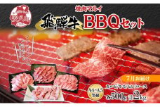 [№5331-0369]＜7月に届く＞飛騨牛 BBQ セット 約2kg カルビ 焼肉 モモ ヒレ ロース串 各約500g お肉 牛肉 和牛 国産 ブランド牛 バーべキュー お家焼肉 赤身 冷蔵 真空パック タレ付き 送料無料 焼肉マルイ 岐阜県 安八町