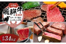 【定期便】飛騨牛 全6回 合計3.4kg ステーキ 焼肉 しゃぶしゃぶ 牛肉 黒毛和牛 5等級 肉 牛 ビーフ 食品 岐阜県 坂祝町 さかほぎ F6M-061