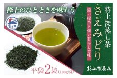 深蒸し茶 さえみどり 2袋セット 100g袋× 2袋 影山製茶店 特上 特別な品種 新鮮 深蒸し 水出し 濃厚 甘み 香り 色味 濃いめ 渋み ティータイム おもてなし リラックス 手土産 富士市 [sf001-275]