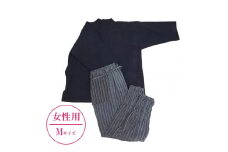 【Mサイズ×女性用：ファスナー無し】天然にこだわった自慢の逸品　【みくりや染織】正藍染手織り木綿作務衣上下一式（上衣無地・ズボン刺し子織り）