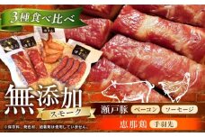 無添加燻製セットA (ベーコン ソーセージ 手羽先) 合計500g以上 / 燻製 鶏肉 豚肉 スモーク おつまみ / 瀬戸市 / 天佑 [BBBZ003]