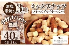  【個包装タイプ】フリーズドライチーズ入り 無塩素焼きのミックスナッツ3種1kg（25g×40袋）無塩 小袋 個包装 アーモンド カシューナッツ マカダミアナッツ SUCRENUTS　H059-150
